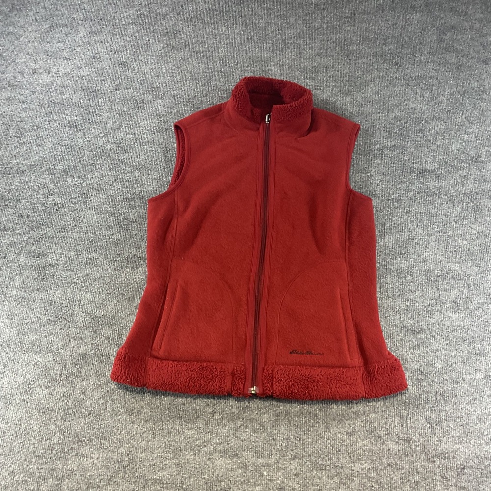 Eddie Bauer Womens Red Fleece Full Zip Vest Sherpa Trim Mock Neck Small